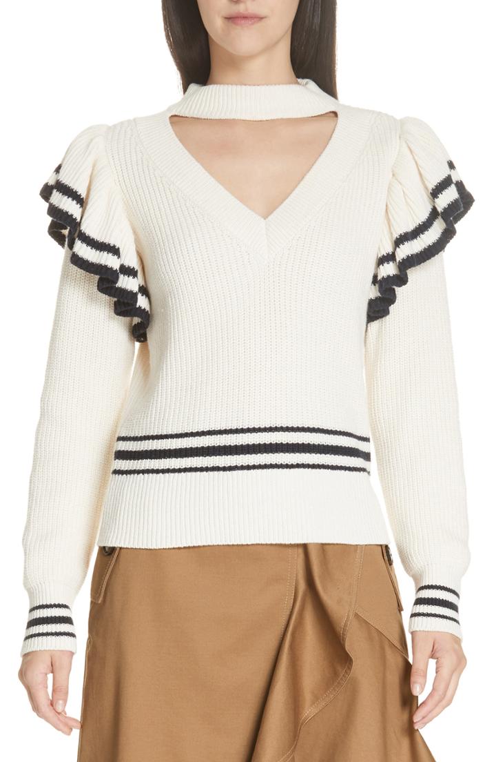 Women's Self-portrait Stripe Ruffle Trim Sweater - Ivory