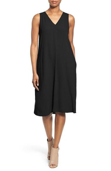 Women's Eileen Fisher Silk V-neck Shift Dress - Black