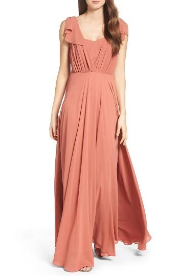 Women's Lulus Flutter Sleeve Chiffon Gown - Orange