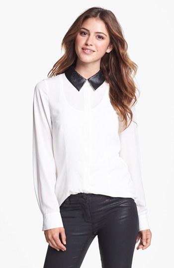 Kensie Faux Leather Collar Blouse Cream