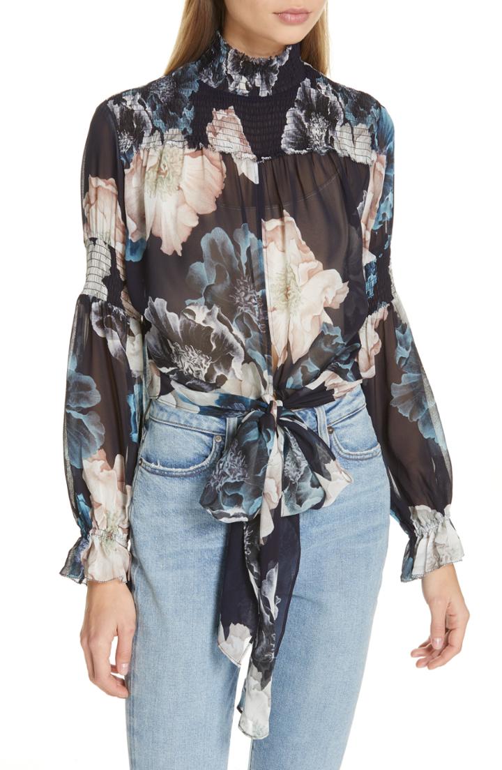 Women's Nicholas Floral Print Smocked Tie Waist Silk Top - Blue