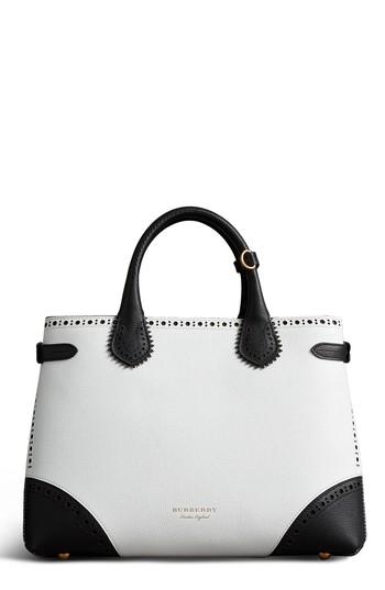 Burberry Medium Banner House Check & Brogue Calfskin Tote - White