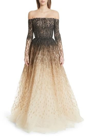 Women's Pamella Roland Sequin Embroidered Ombre Ballgown - Metallic