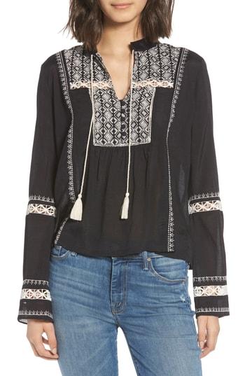 Women's Hinge Lace Inset Embroidered Top, Size - Black