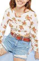 Women's Topshop Ruched Floral Bell Sleeve Crop Top Us (fits Like 00) - Ivory
