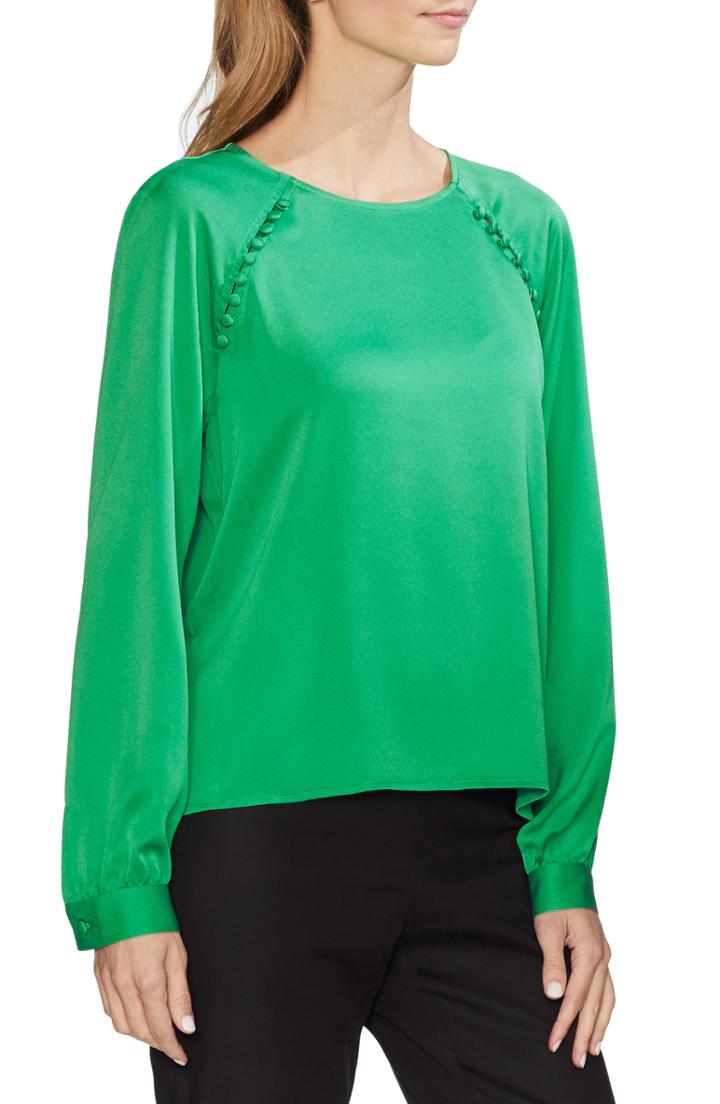 Women's Vince Camuto Button Shoulder Bubble Sleeve Satin Blouse, Size - Green