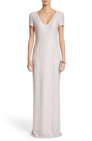 Women's St. John Evening Sequin Scallop Knit Column Gown - White