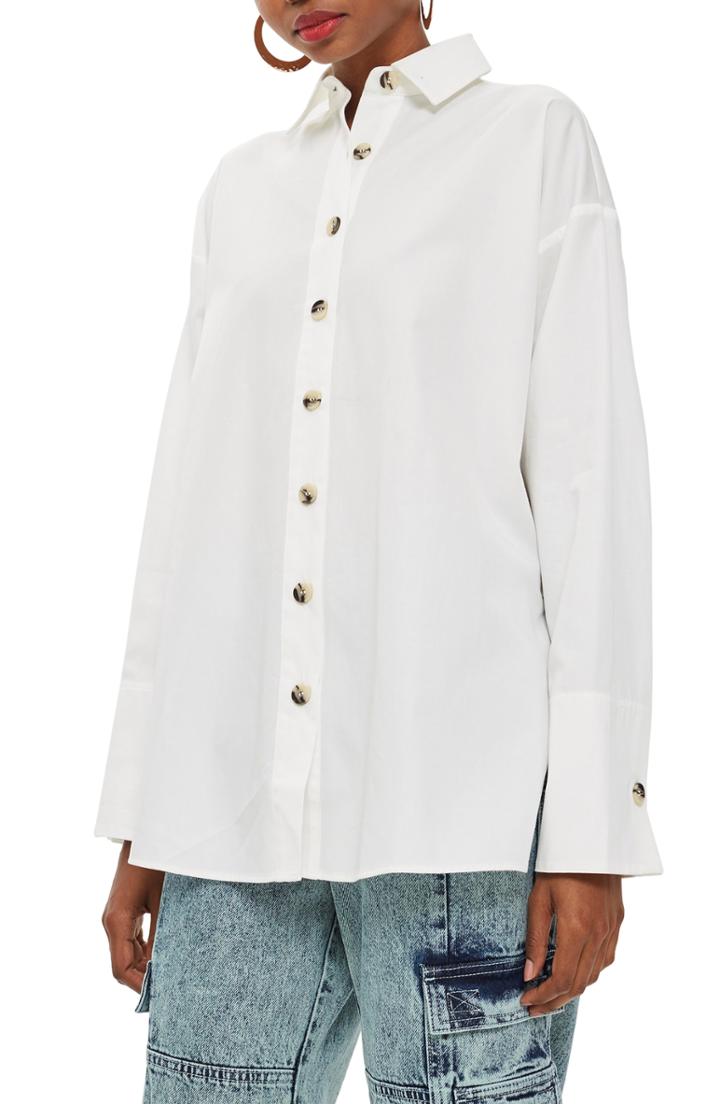 Women's Topshop Oversized Split Side Cotton Shirt Us (fits Like 0-2) - Ivory