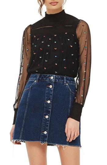 Women's Topshop Ditsy Embroidered Smock Top Us (fits Like 0) - Black