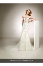 Women's Pronovias Dalia Illusion Lace & Tulle Column Gown, Size In Store Only - Ivory