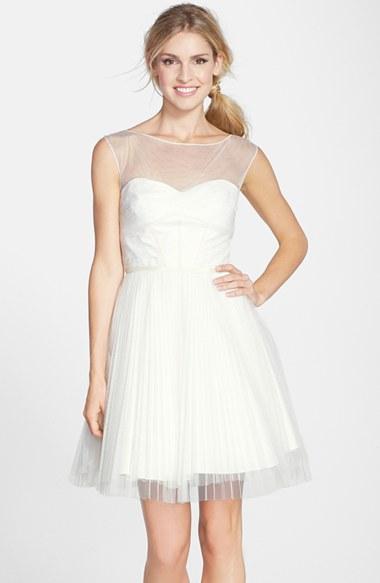 Women's Monique Lhuillier Bridesmaids Illusion Yoke Tulle Fit & Flare Dress - White