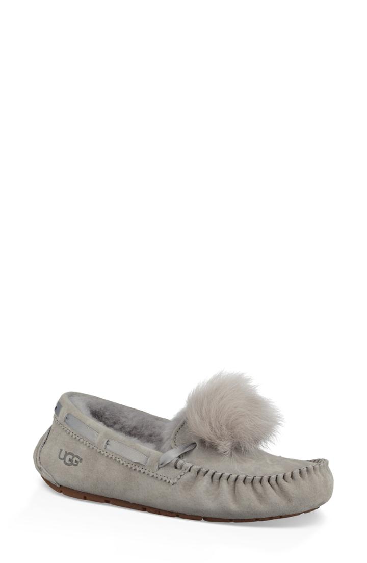 Women's Ugg Dakota Water Resistant Genuine Shearling Pompom Slipper M - Grey