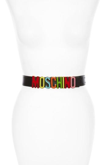 Women's Moschino Logo Leather Belt - Black/ Gold Metal