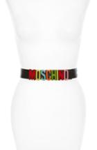 Women's Moschino Logo Leather Belt - Black/ Gold Metal
