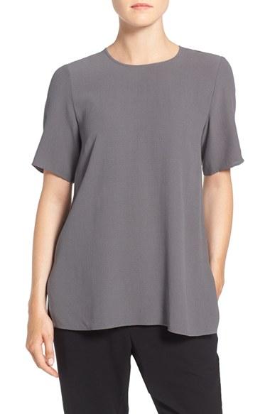 Women's Eileen Fisher Silk Crepe Round Neck Boxy Top, Size - Grey