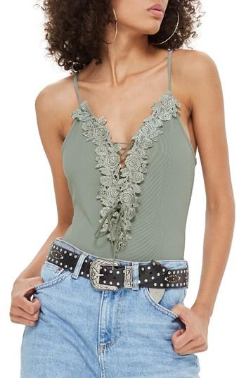 Women's Topshop Sleeveless Floral Applique Bodysuit Us (fits Like 0) - Green
