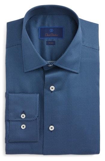 Men's David Donahue Trim Fit Dot Dress Shirt .5 32/33 - Blue