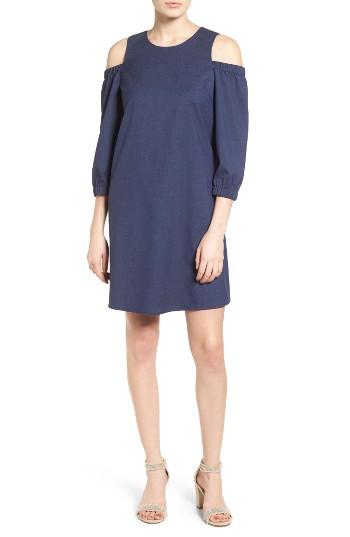 Petite Women's Halogen Denim Cold Shoulder Shift Dress, Size P - Blue