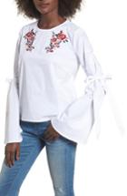 Women's Chloe & Katie Floral Embroidery Bell Sleeve Top - White