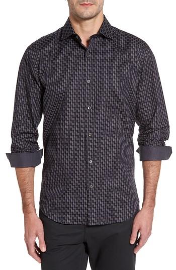 Men's Bugatchi Shaped Fit Step Check Stripe Sport Shirt, Size - Black