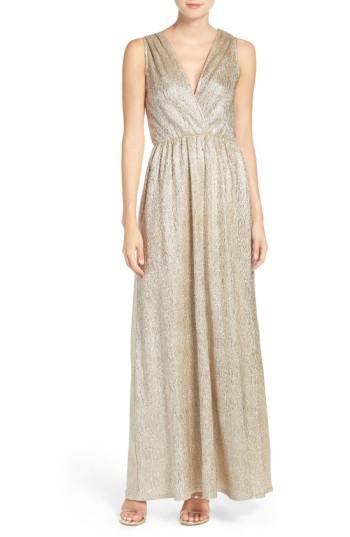 Women's Lulus Surplice V-neck Sleeveless Shimmer Gown - Metallic