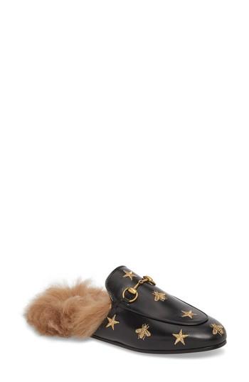Women's Gucci Princetown Genuine Shearling Bee Loafer Mule .5us / 39.5eu - Black