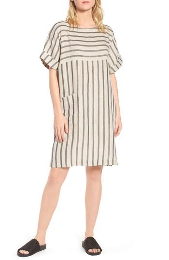 Women's Eileen Fisher Stripe Linen & Cotton Shift Dress, Size - Beige