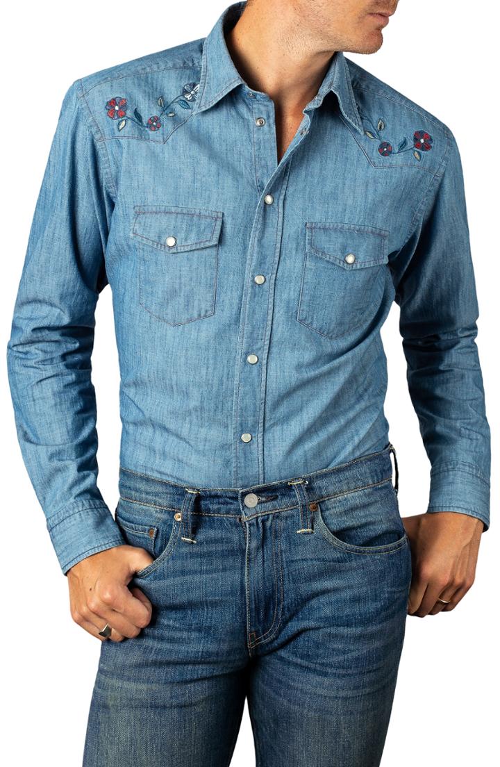 Men's Eton Slim Fit Embroidered Denim Shirt