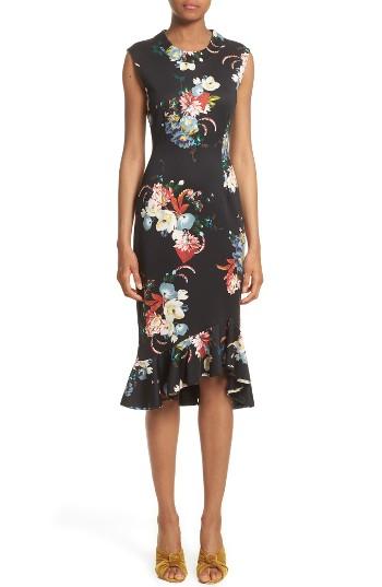 Women's Erdem Floral Print Flounce Hem Cady Dress Us / 8 Uk - Black
