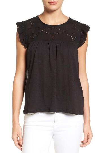 Women's Caslon Eyelet Embroidered Flutter Sleeve Top - Black