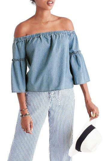 Women's Madewell Denim Ruffle Off The Shoulder Top