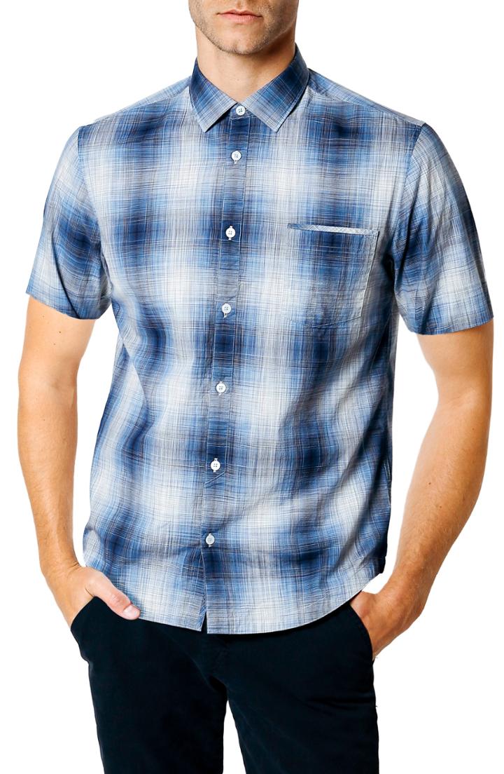 Men's Good Man Brand Space Plaid Trim Fit Sport Shirt, Size - Blue