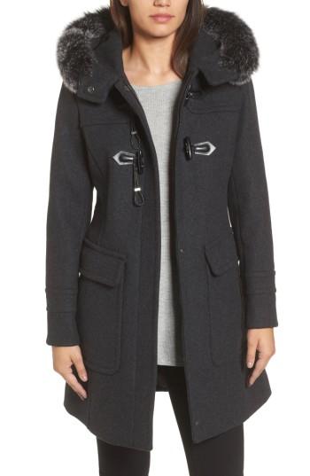 Women's Trina Turk Connie Duffle Coat With Genuine Fox Fur - Grey