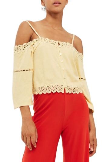 Women's Topshop Lace Trim Off The Shoulder Top Us (fits Like 0) - Yellow