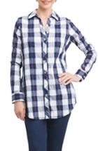 Women's Foxcroft Fay Crinkle Plaid Stretch Cotton Blend Tunic Shirt - Blue