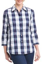Women's Foxcroft Sue Shaped Fit Crinkle Plaid Shirt - Blue