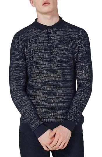 Men's Topman Classic Fit Texture Long Sleeve Polo - Blue
