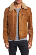 Men's Schott Nyc Vintage Buffalo Leather Trucker Jacket With Genuine Sheepskin Collar, Size - Brown