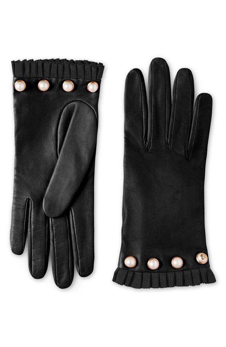 Women's Gucci Nappa Leather Gloves With Grosgrain & Imitation Pearl Trim