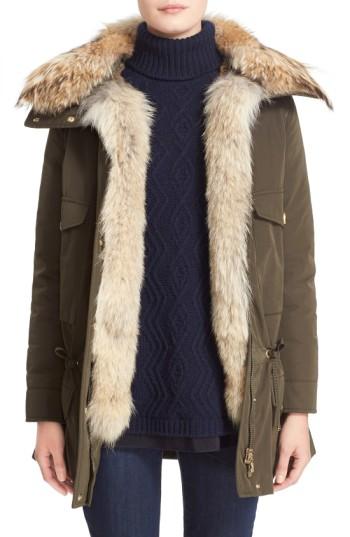 Women's Moncler 'margarita' Down Jacket With Removable Genuine Coyote Collar And Rabbit Fur Vest - Green