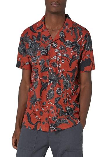 Men's Topman Red Floral Revere Collar Shirt, Size - Red
