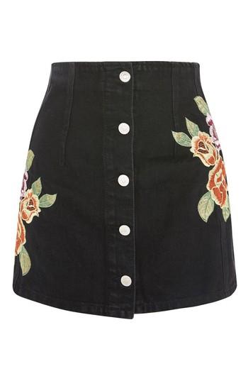 Women's Topshop Embroidered Button Front Denim Skirt Us (fits Like 10-12) - Black