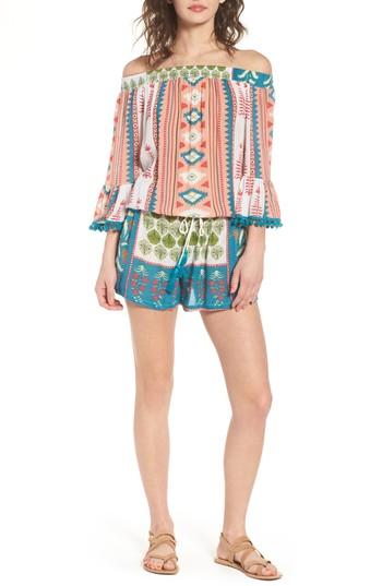 Women's Raga Albuquerque Nights Pom Off The Shoulder Romper - Blue/green