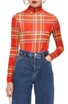 Women's Topshop Check Slinky Funnel Neck Top Us (fits Like 0) - Red