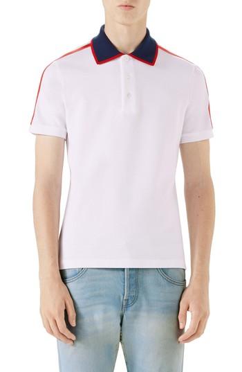 Men's Gucci Jacquard Stripe Sleeve Pique Polo - Beige