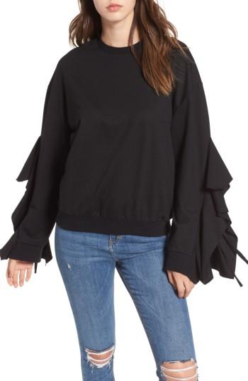 Women's J.o.a. Ruffle Tie Sleeve Sweatshirt - Black