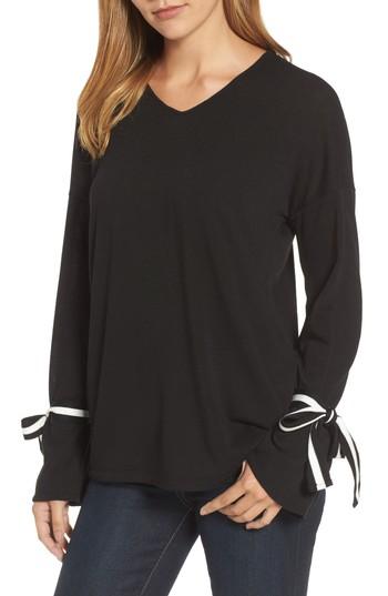 Women's Halogen Stripe Tie Sleeve Tunic Top - Black