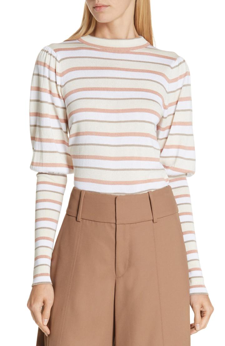 Women's See By Chloe Stripe Puff Sleeve Sweater - White