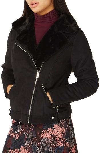 Women's Dorothy Perkins Faux Suede Biker Jacket With Faux Shearling Trim Us / 6 Uk - Black