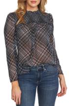 Women's Cece Houndstooth Smocked Neck Crepe Blouse - Blue